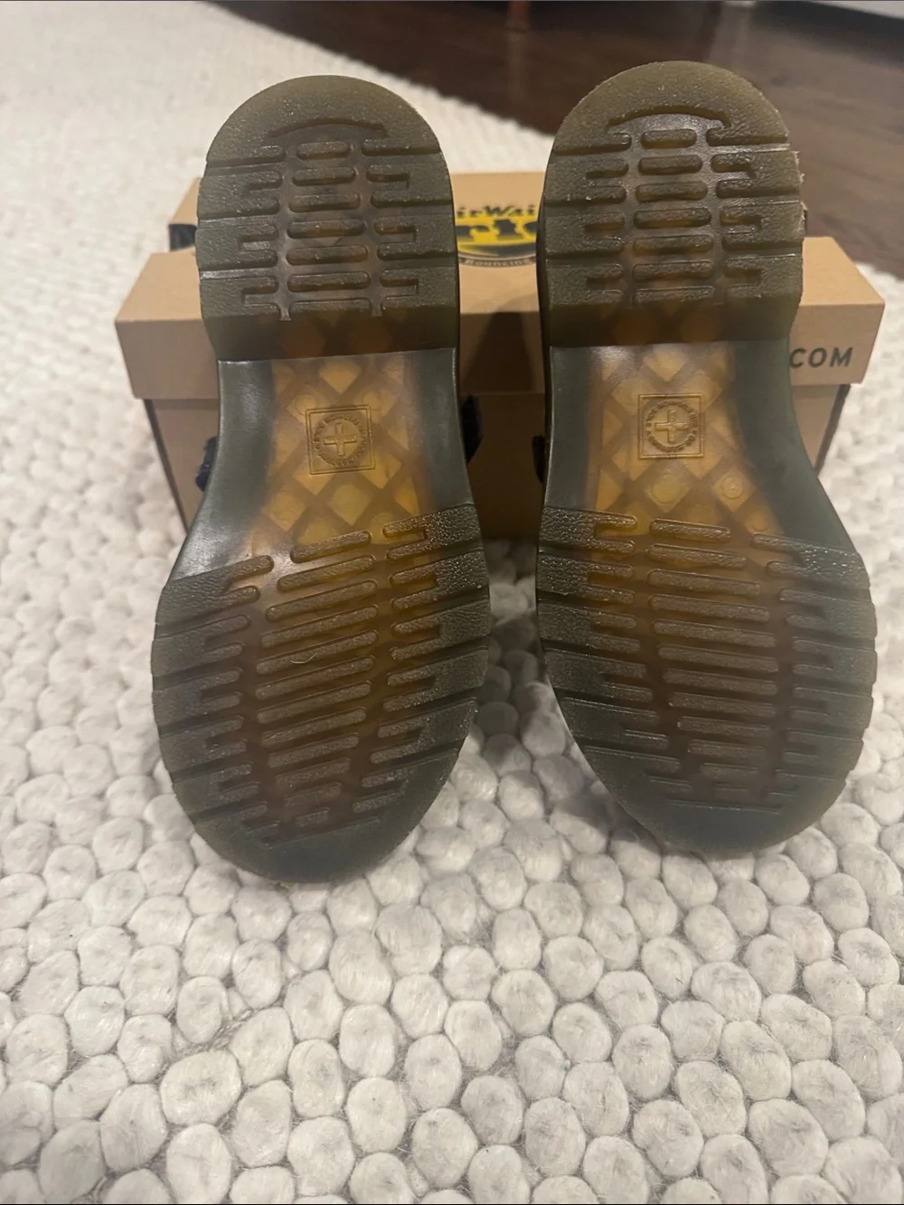 Dr. Martens Black Patent Mary Jane Kids Shoes with Yellow Stitching